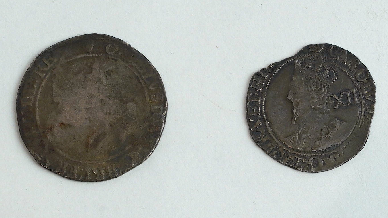 British hammered silver coins, Charles I (1625-49), halfcrown, (S2771), mm. harp, c.1632-3, VG and shilling, mm. triangle in circle, c.1641–3 (S2799), VG (2)